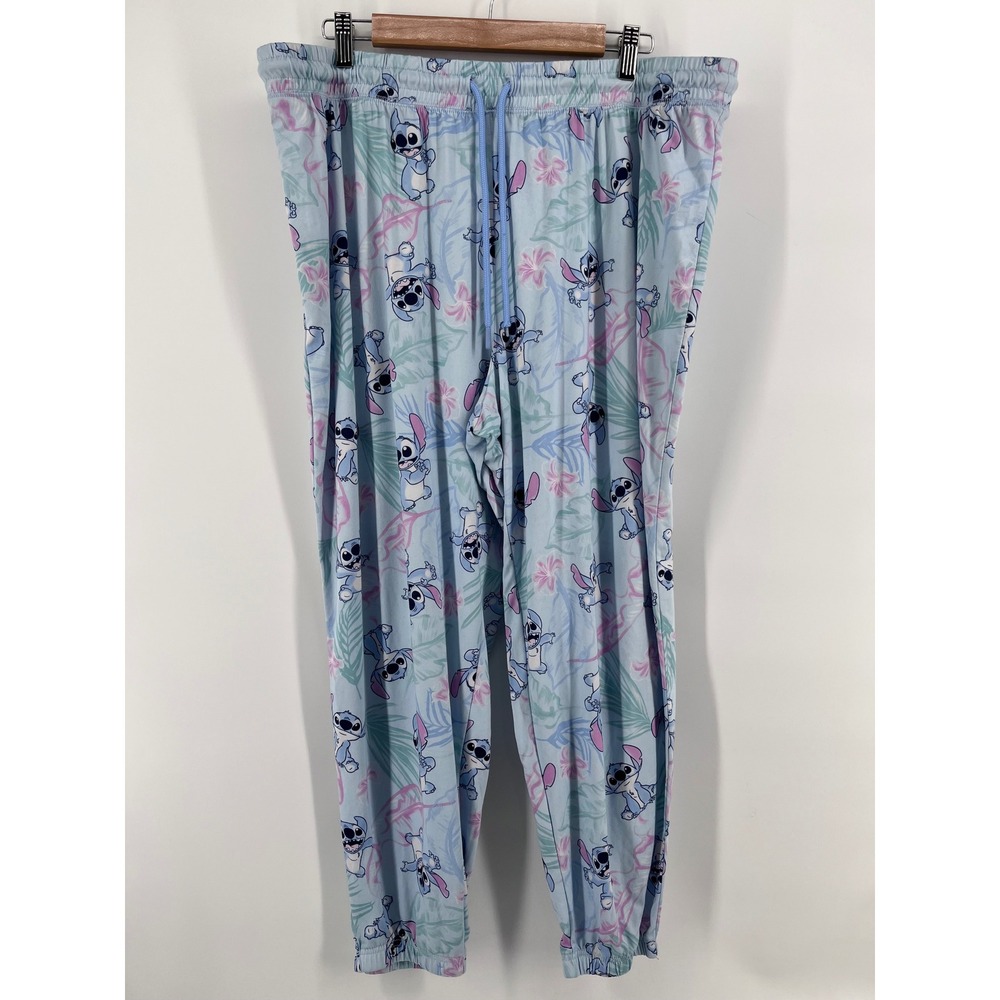 Disney Lilo & Stitch Women 2X Pajama Pants Blue Tropical Floral Joggers Lounge